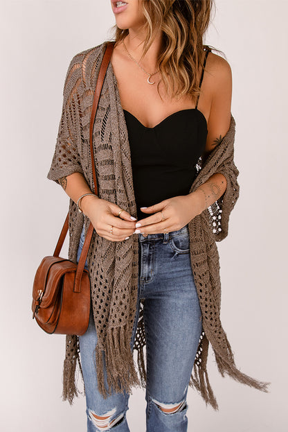 Fringe Hem Slit Open Front Cardigan Mocha One Size