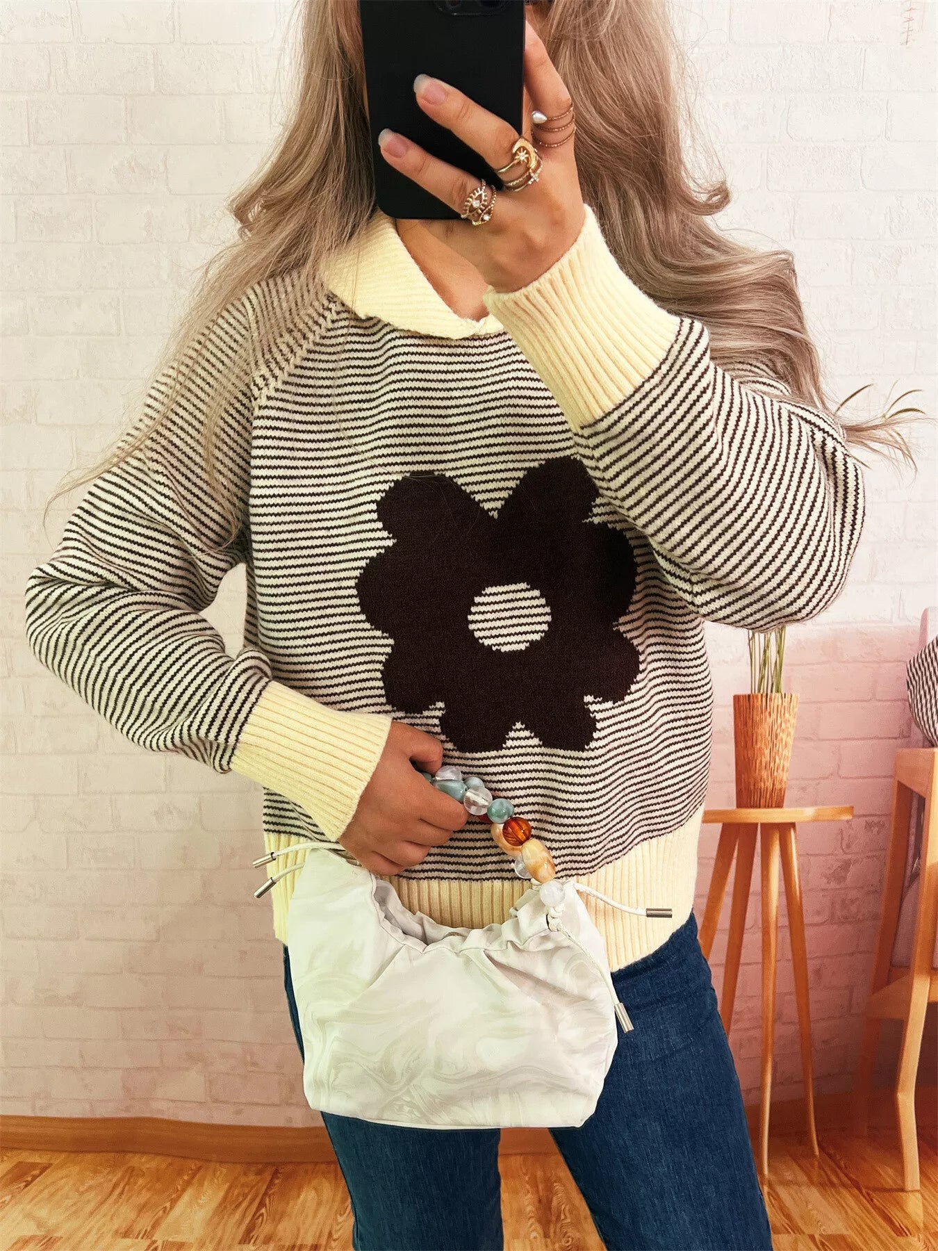 Striped Flower Raglan Sleeve Sweater