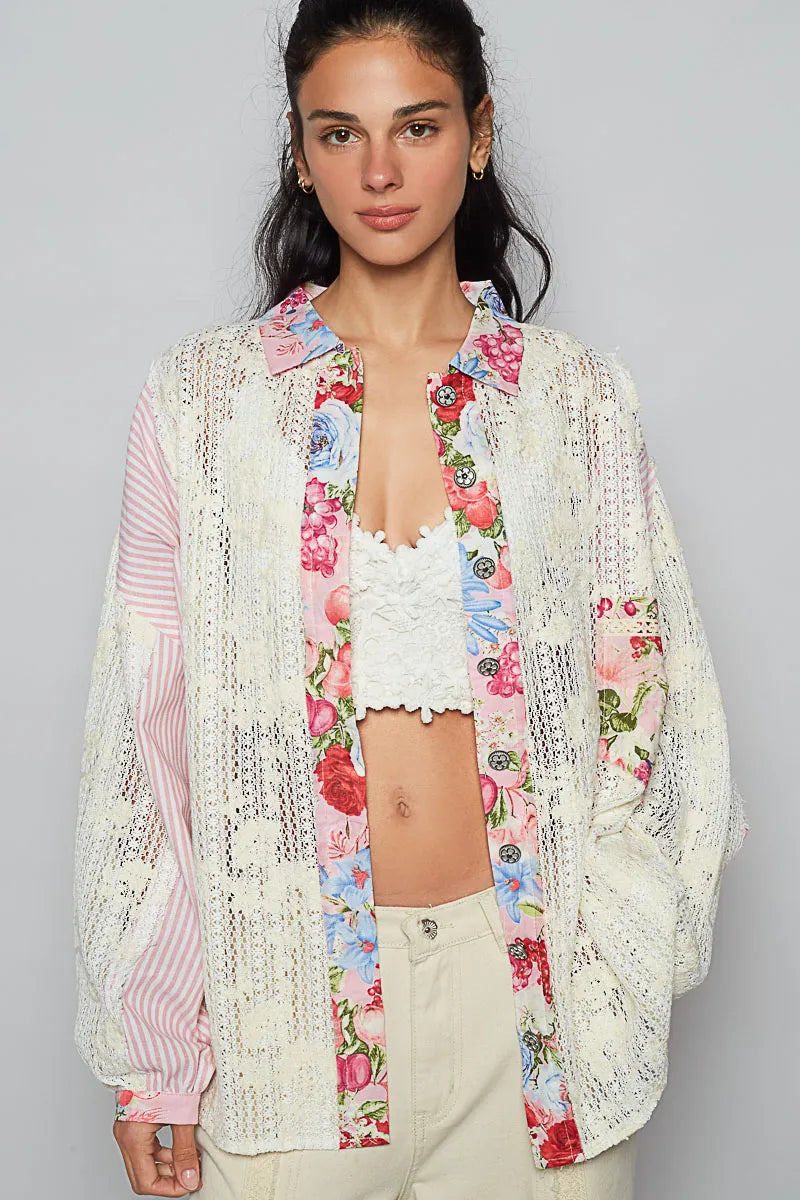 POL Lace Long Sleeve Shirt with Floral and Striped Pattern Blush Pink