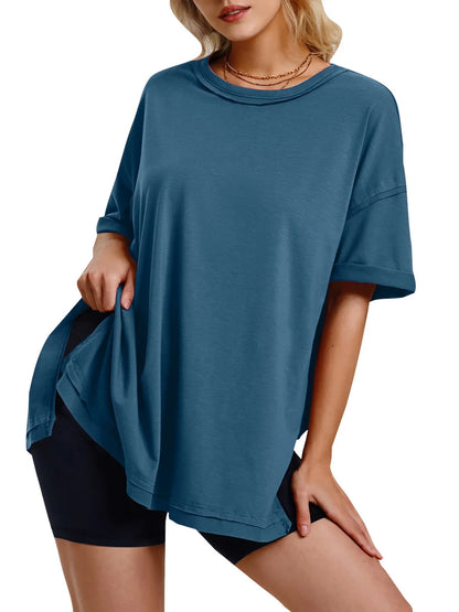 Full Size Oversized Drop Shoulder Side Slit T-Shirt Plus Size French Blue