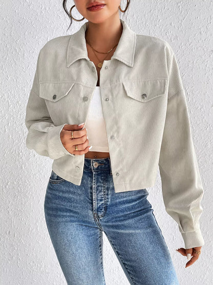 Casual Corduroy Snap Down Cropped Jacket Apricot