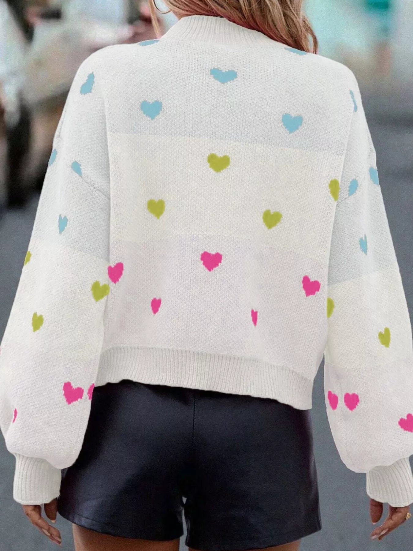 Multicolour Heart Pattern Dropped Shoulder Sweater