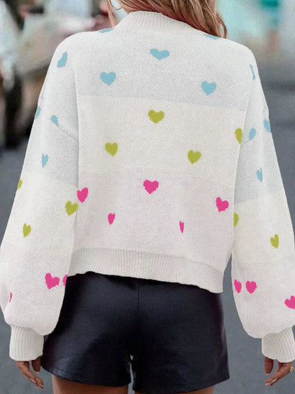 Multicolour Heart Pattern Dropped Shoulder Sweater