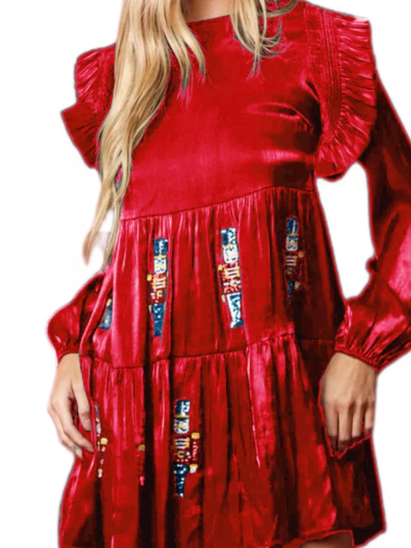 Christmas Ruffled Nutcracker Long Sleeve Dress Red