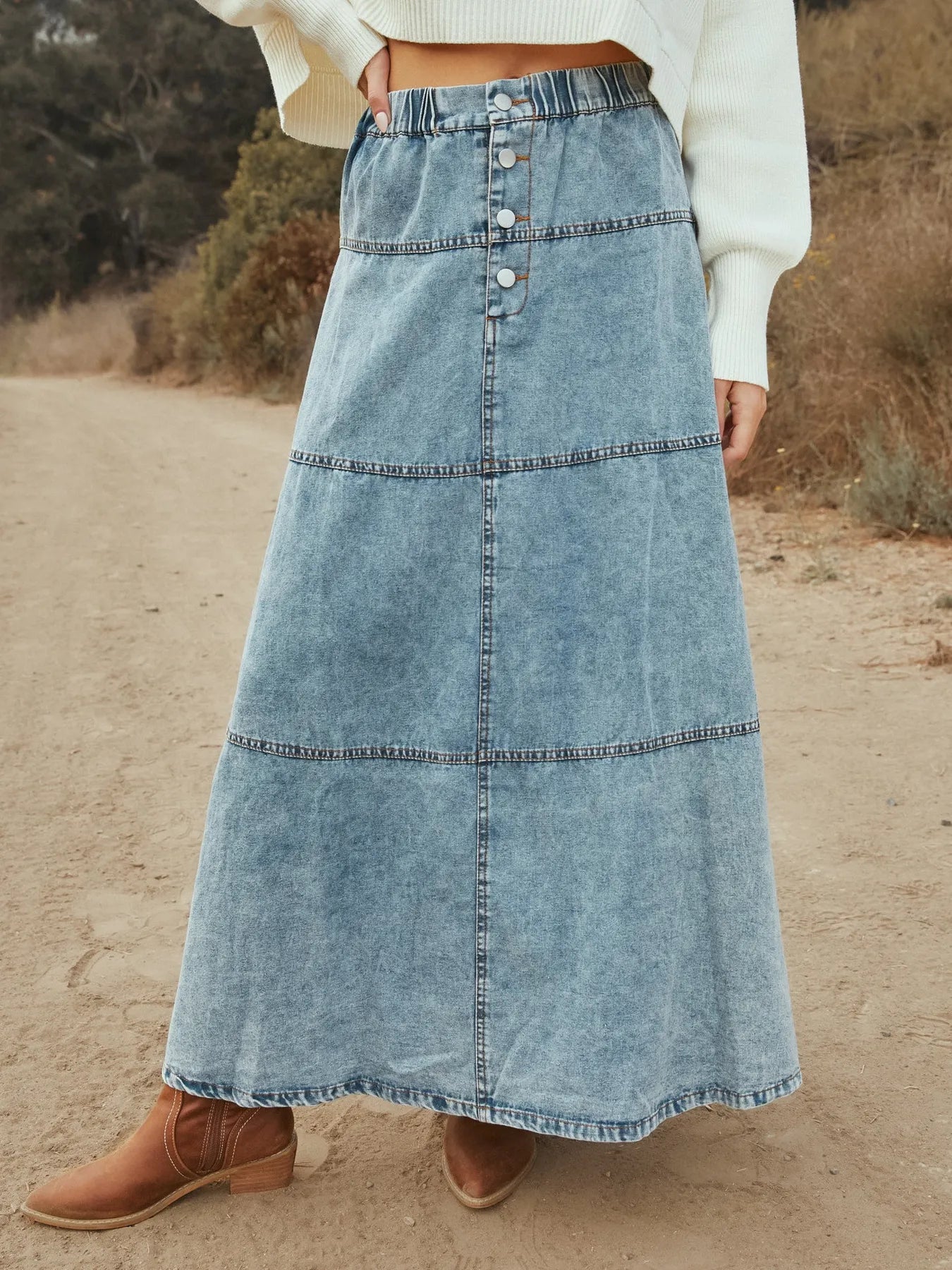 Button-Front Tiered Maxi Denim Skirt Snow Color