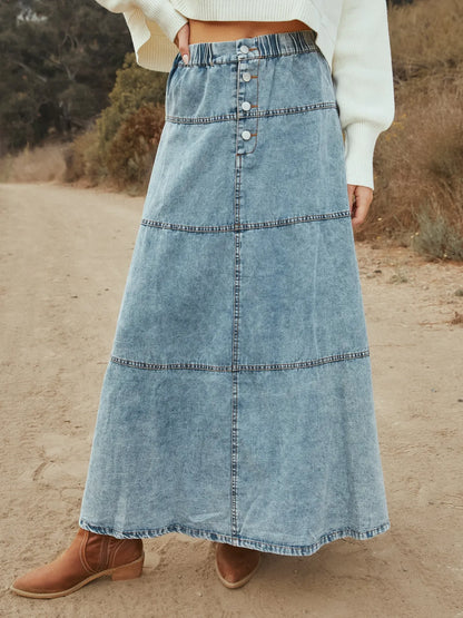 Button-Front Tiered Maxi Denim Skirt Snow Color