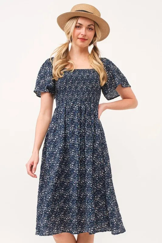 Lime 'N' Chili Smocked Floral Print Flutter Sleeve Midi Dress
