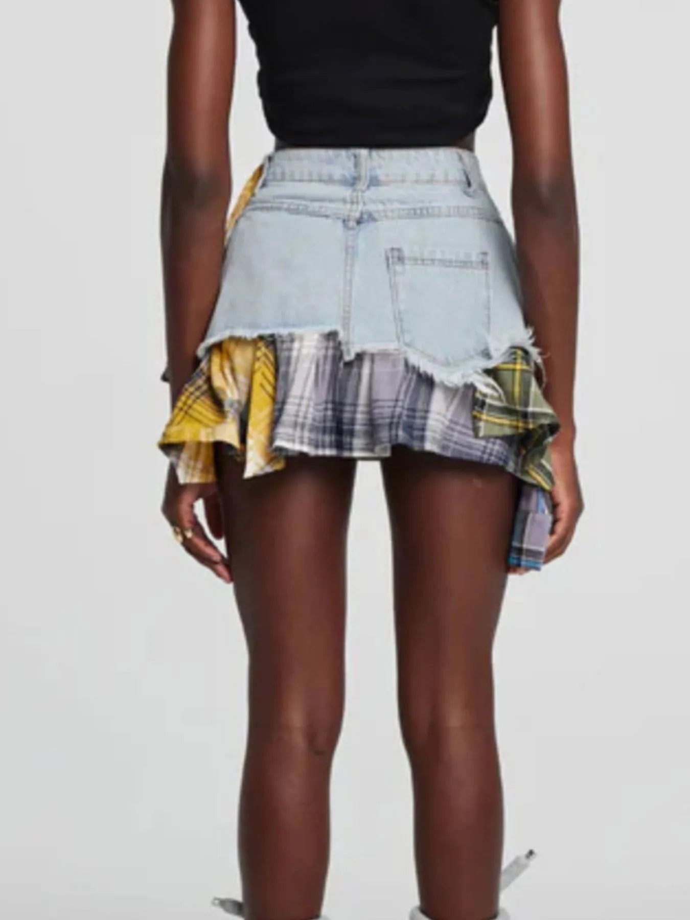 Raw Hem Denim Mini Skirt with Plaid Patch Details