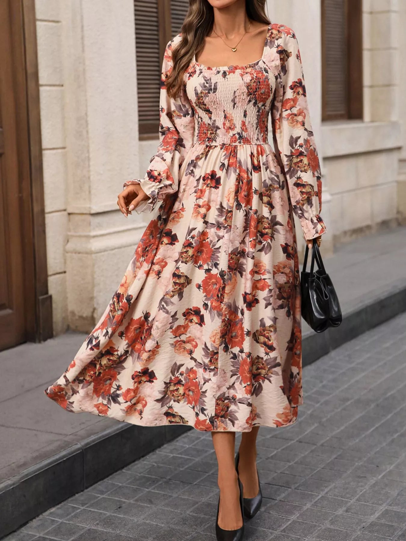 Smocked Floral Print Flounce Sleeve Dress