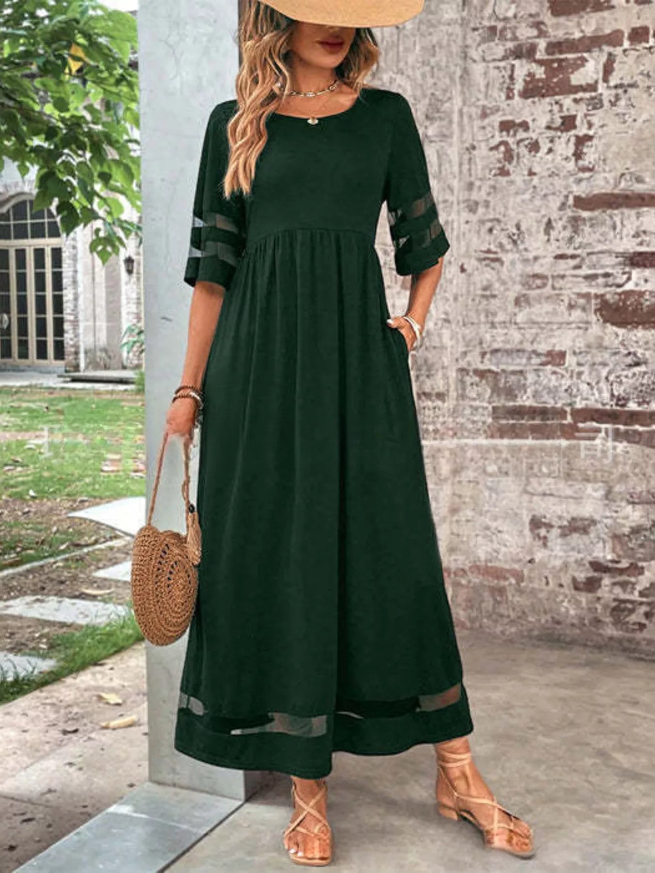 Full Size Round Neck Half Sleeve Dress Plus Size Dark Green