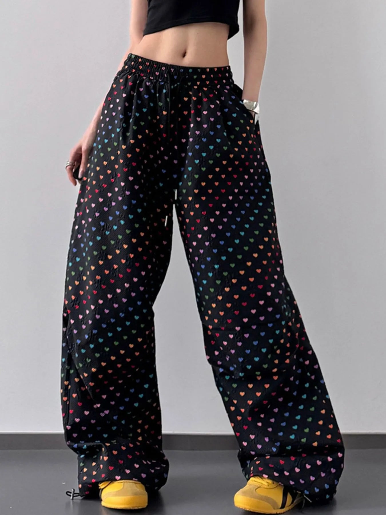 Heart Print Drawstring Wide Leg Pants