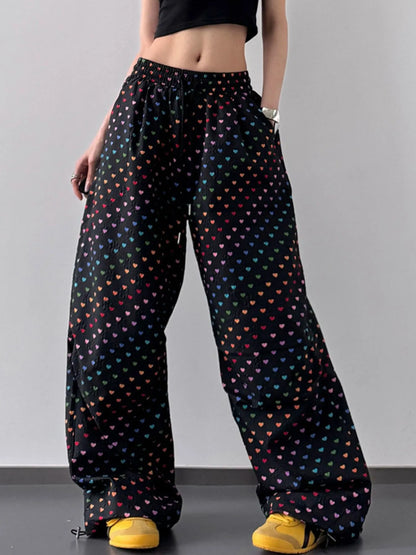 Heart Print Drawstring Wide Leg Pants