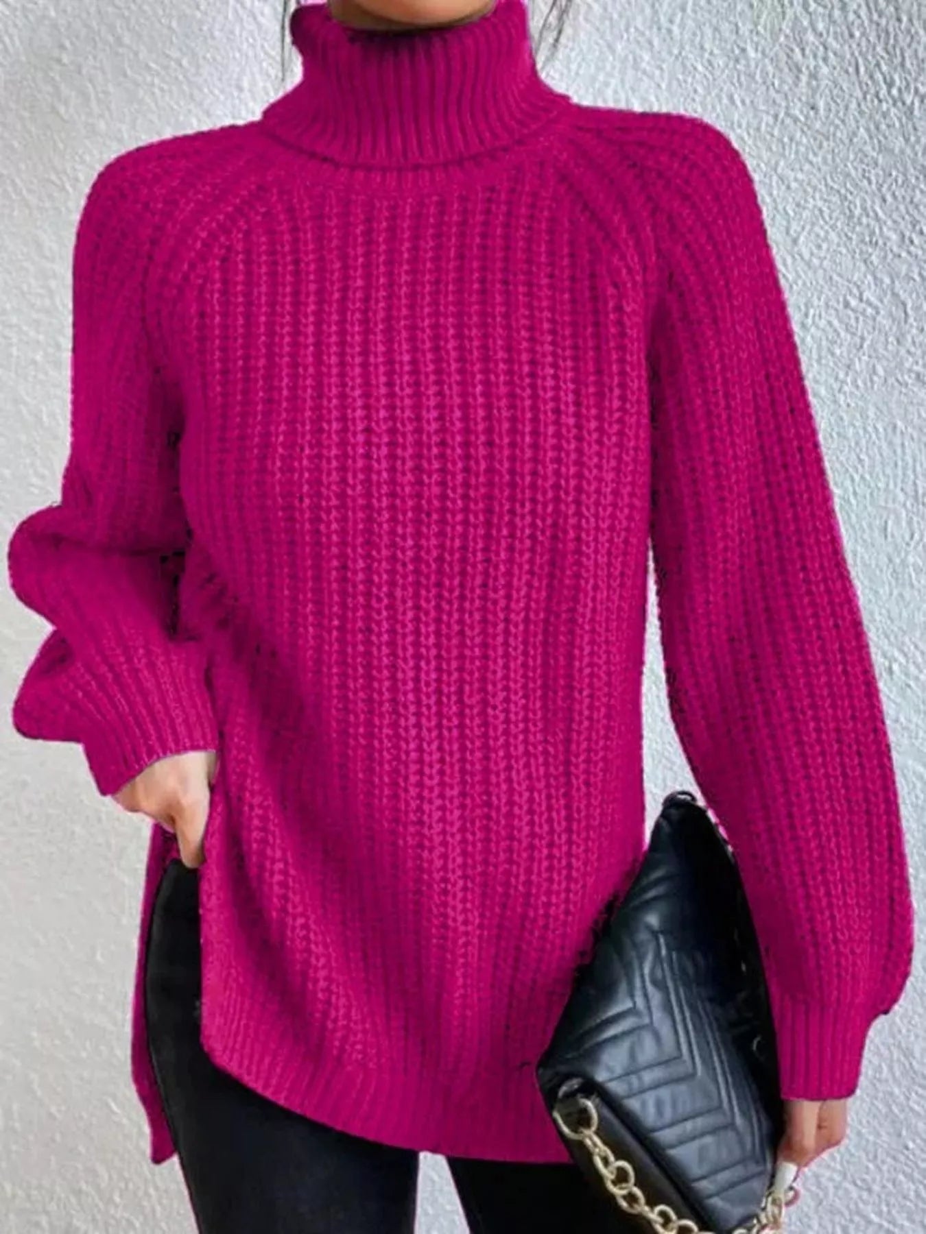 Full Size Turtleneck Long Sleeve Sweater Plus Size Rose Red