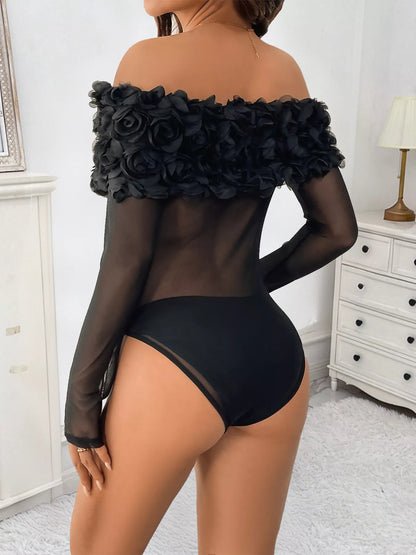 Flower Off-Shoulder Mesh Bodysuit