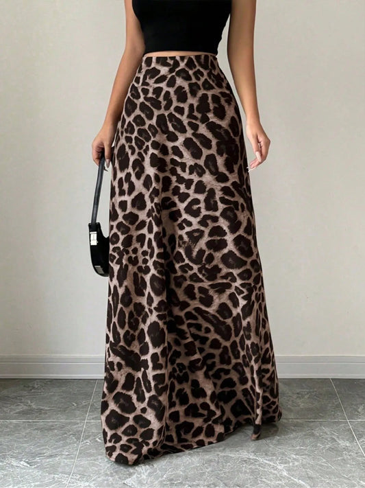 Leopard Print High-Waisted Maxi Skirt Brown