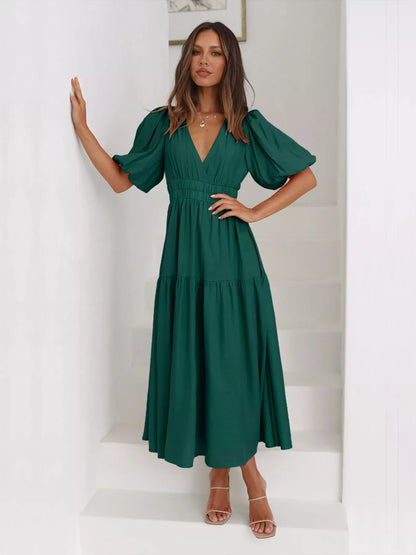 Tiered Puff Sleeve Midi Dress