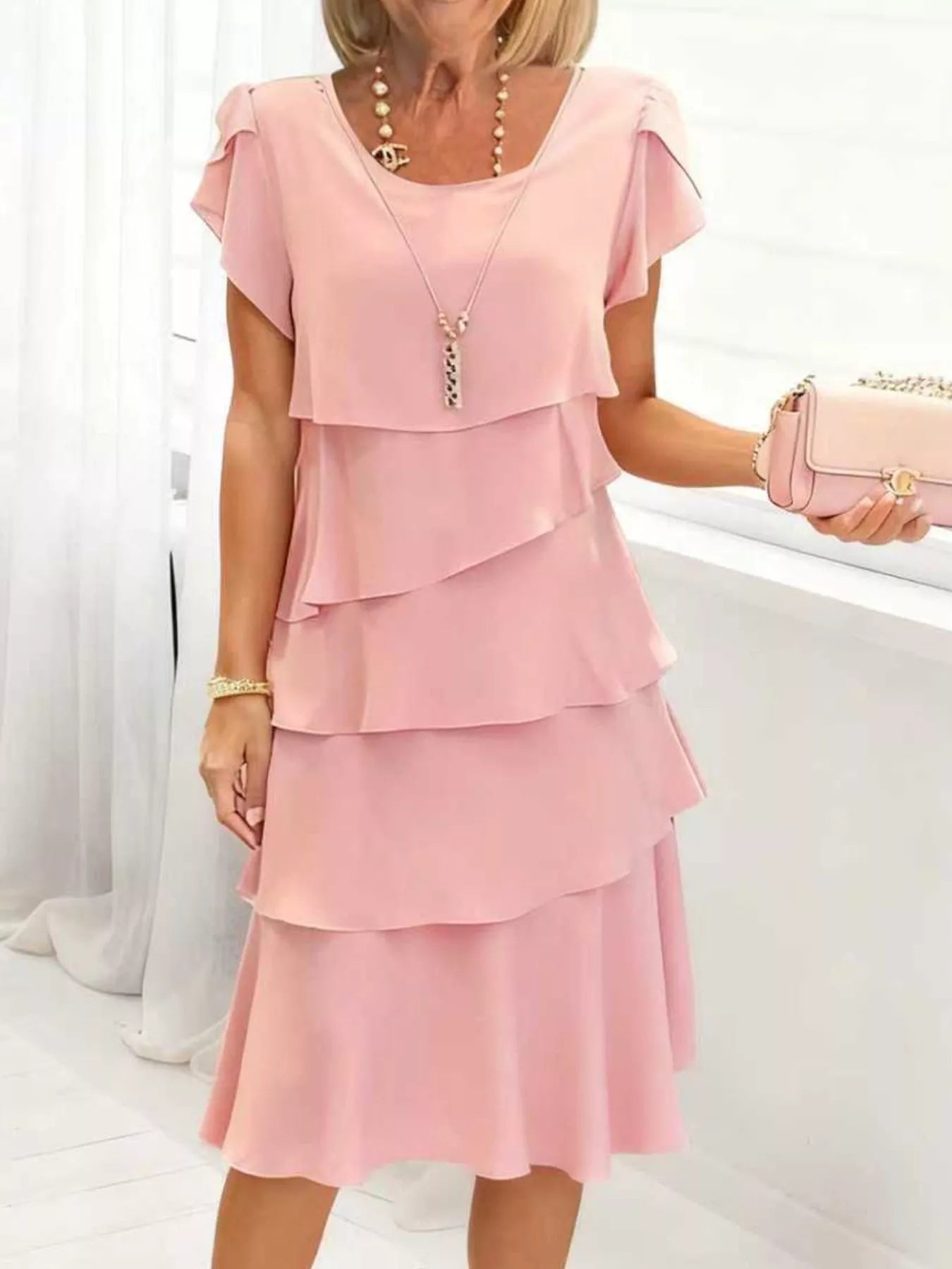 Full Size Ruffled Layered Petal Sleeve Dress Plus Size Blush Pink