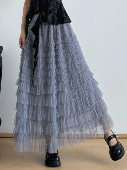 Tiered Tulle Maxi Skirt Light Blue One Size