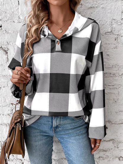 Casual Plaid Button Detail Hoodie Black