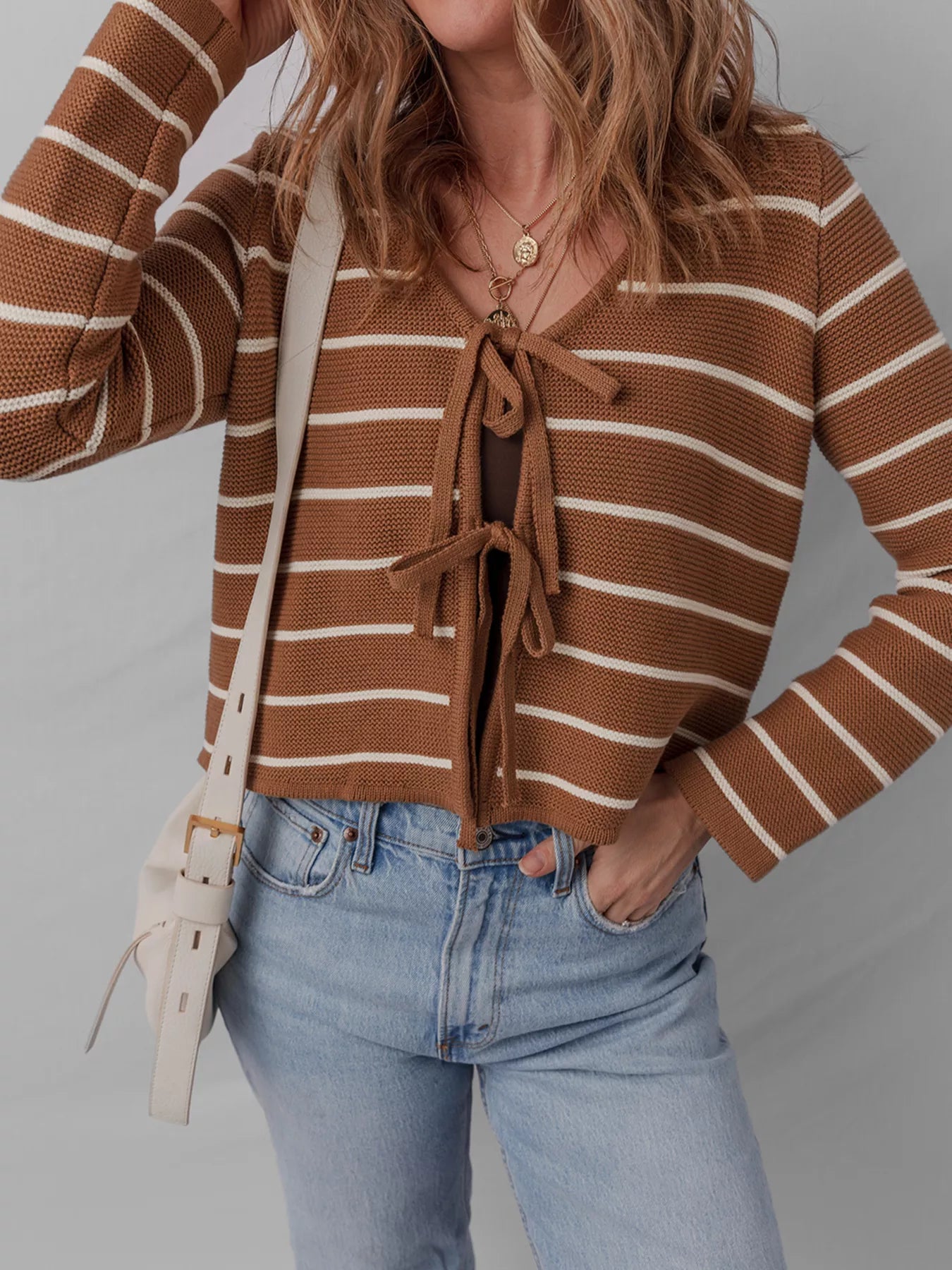Tie Front Striped Knit V Neck Cardigan