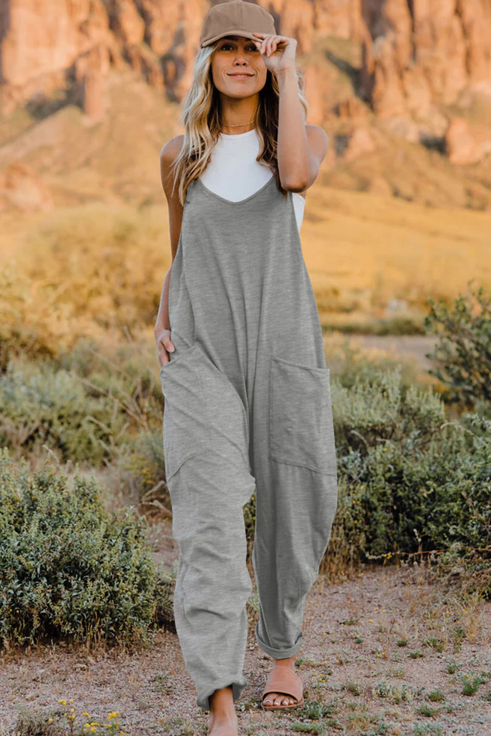 Sleeveless V-Neck Jumpsuit with Pockets Light Gray