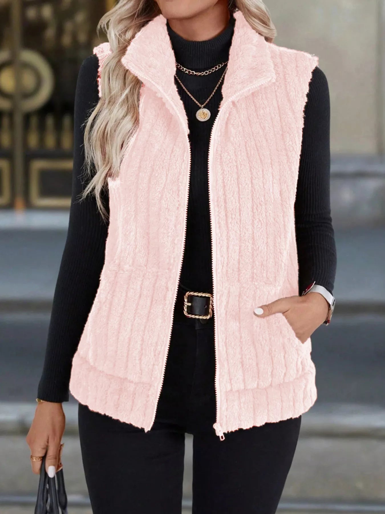 Full Size Fleece Zip-Up Vest Coat Plus Size Pink