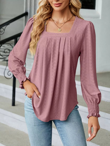 Pleated Square Neck Long Sleeve Top Dusty Pink