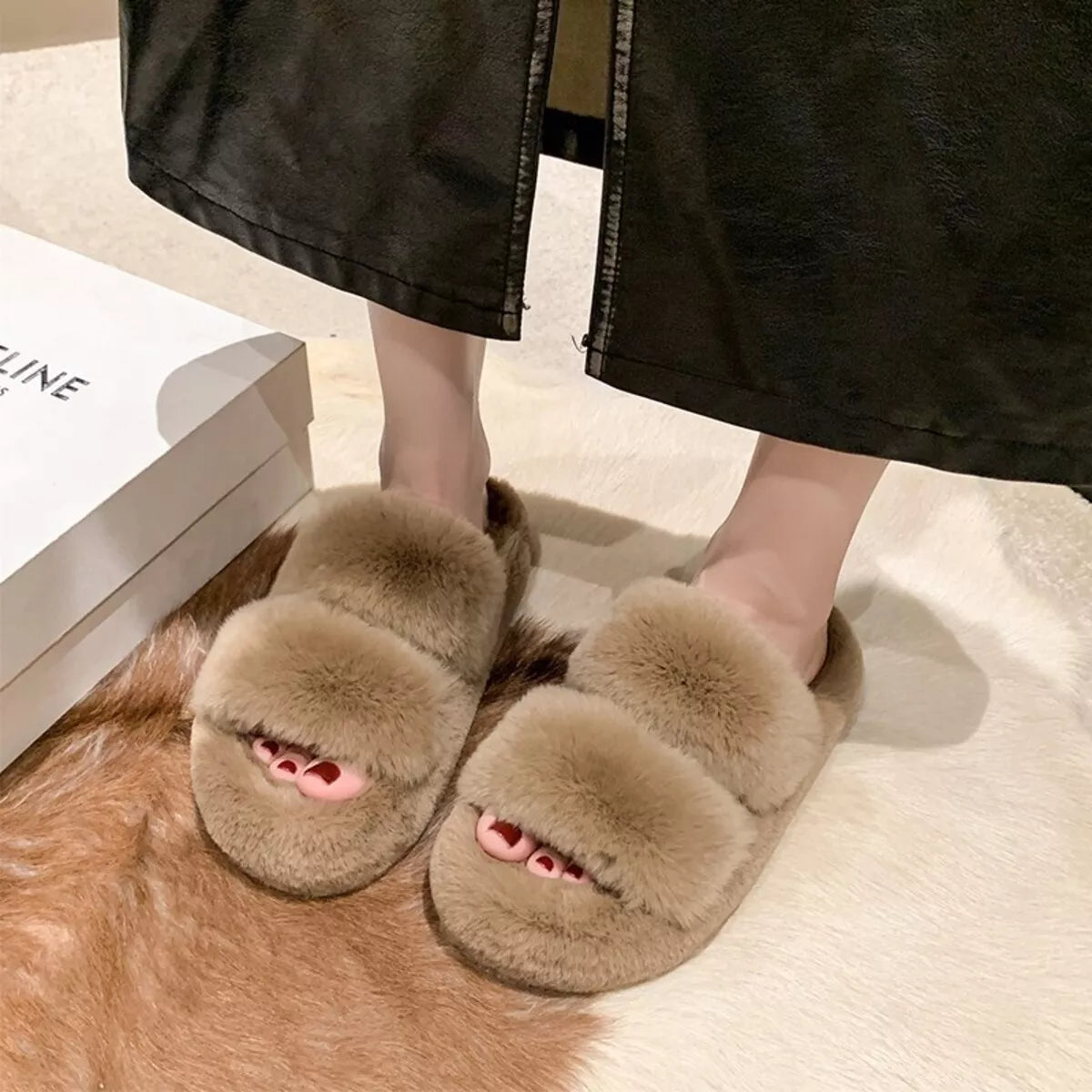 Fluffy Open Toe Slippers Khaki