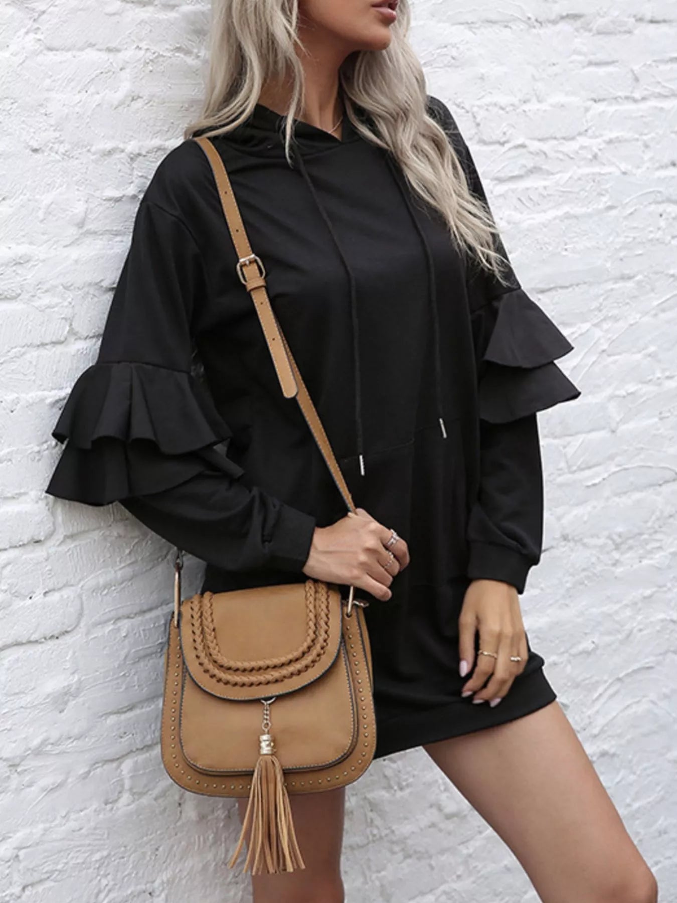 Ruffle Long Sleeve Hooded Mini Dress