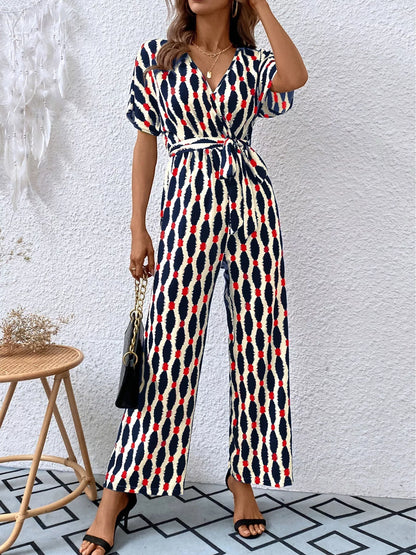 Printed Surplice Tie Waist Short Sleeve Jumpsuit