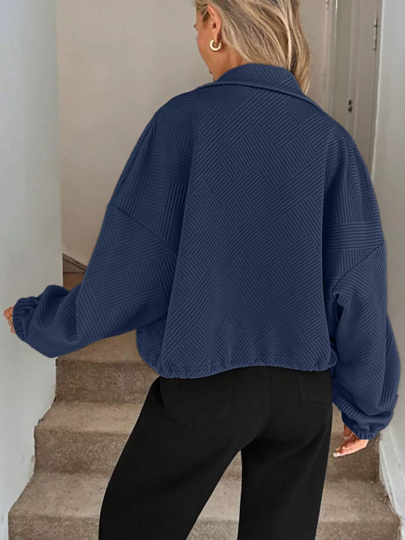 Drawstring Hem Textured Long Sleeve Jacket