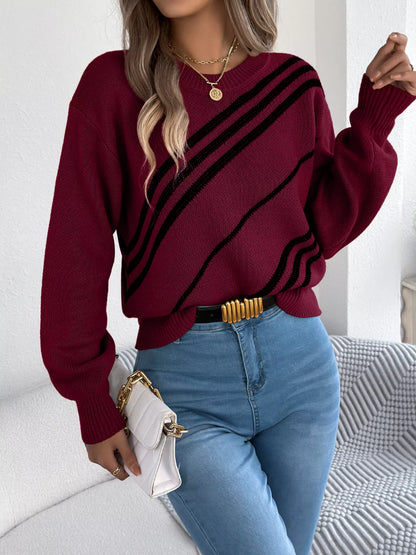 Striped Pattern Casual Round Neck Sweater Red