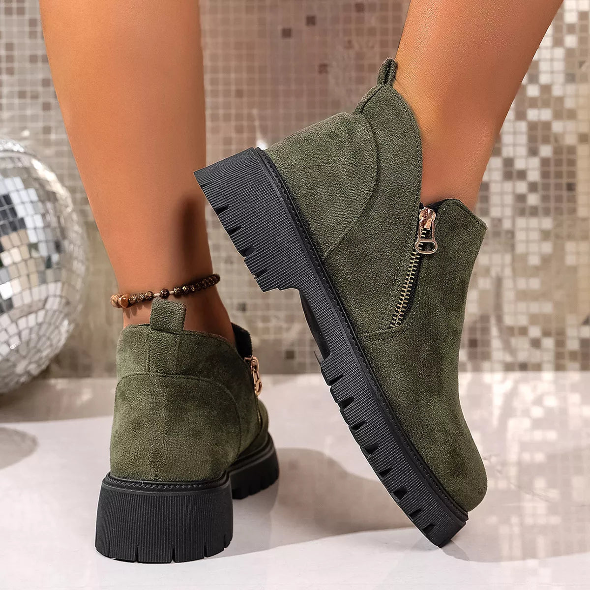 Round Toe Side Zip Ankle Boots