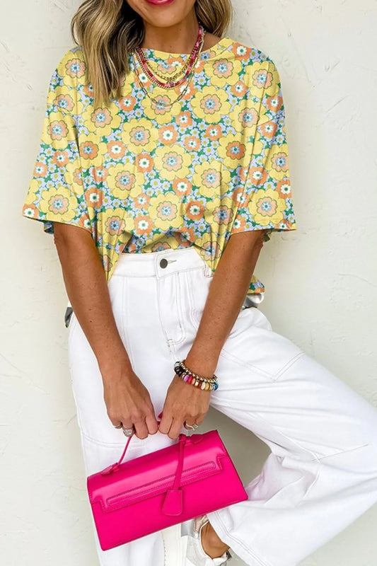 Floral Print Round Neck Oversized T-Shirt Yellow