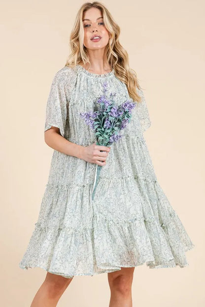 Lime 'N' Chili Ditsy Floral Print Sheer Ruffle Detail Mini Dress