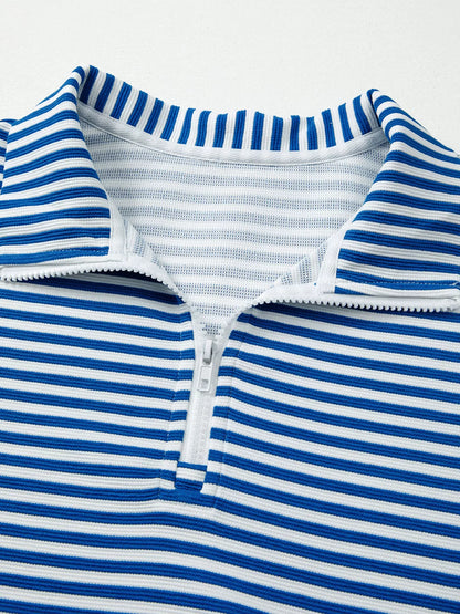 Stripe Quarter Zip Collar Long Sleeve Top
