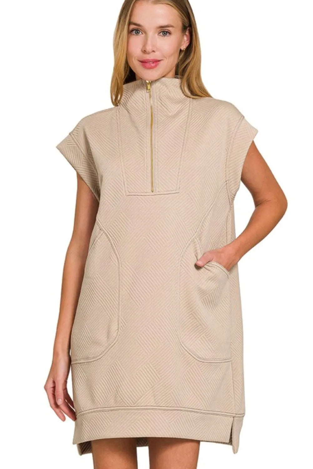 Zenana Textured Knit Jacquard Quarter Zipper Mini Dress ASH MOCHA