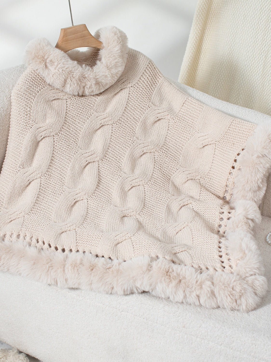 Fuzzy Hem Cable-Knit Poncho Eggshell One Size