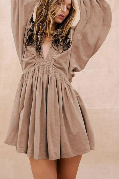 Smocked V-Neck Balloon Sleeve Dress