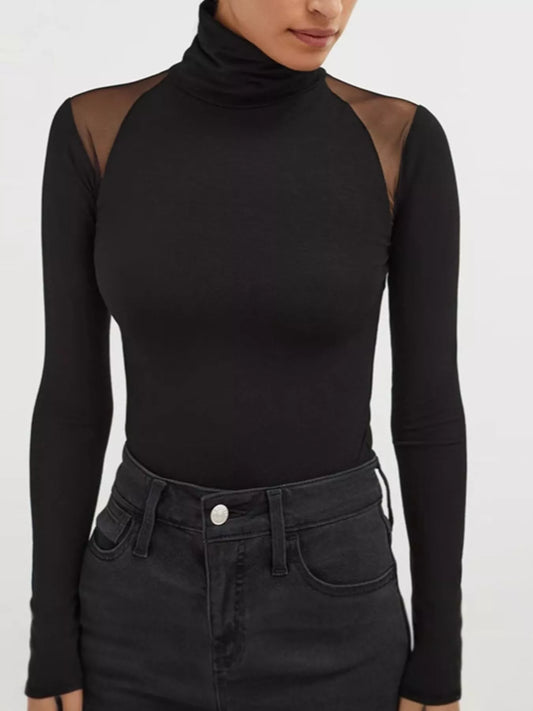 Mesh Shoulder Turtleneck Bodysuit Black