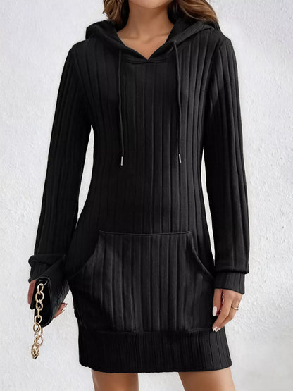 Ribbed Knit Hoodie Dress Black