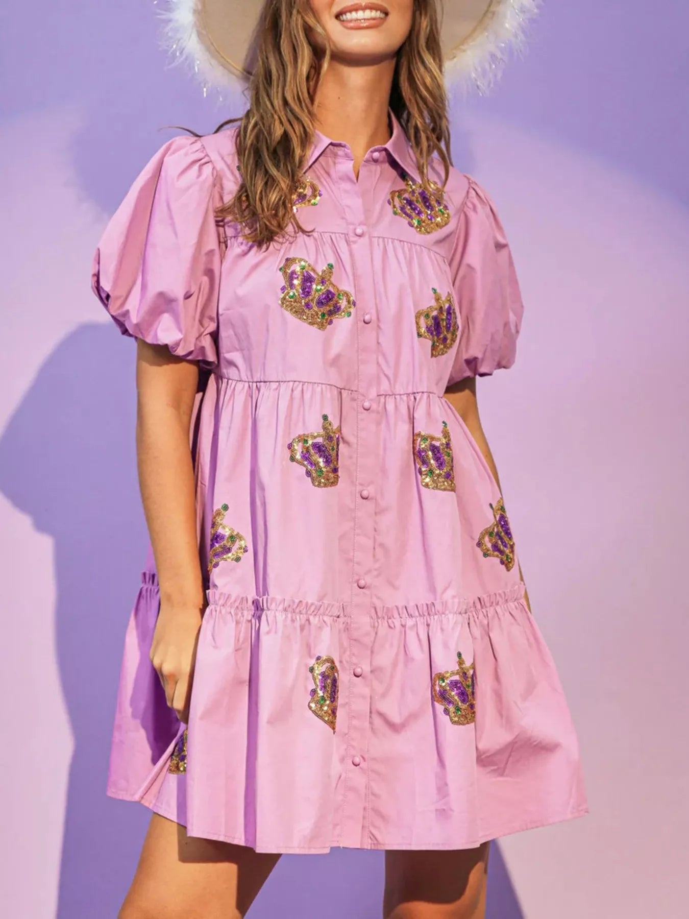 Full Size Sequin Button Front Puff Sleeve Shirt Dress Plus Size Violet