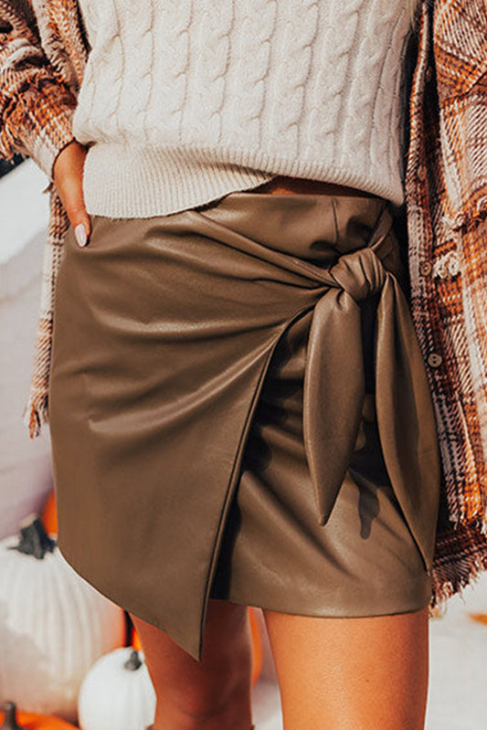 Bowknot Elastic Waist Mini Skirt Brown