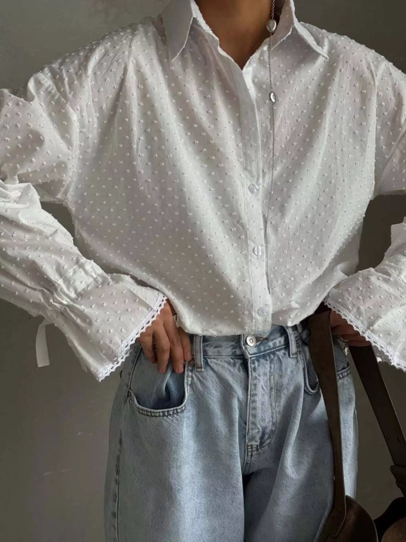 Swiss Dot Flounce Sleeve Shirt White