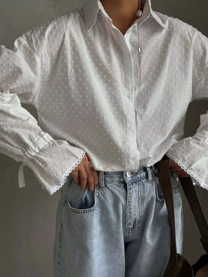 Swiss Dot Flounce Sleeve Shirt White