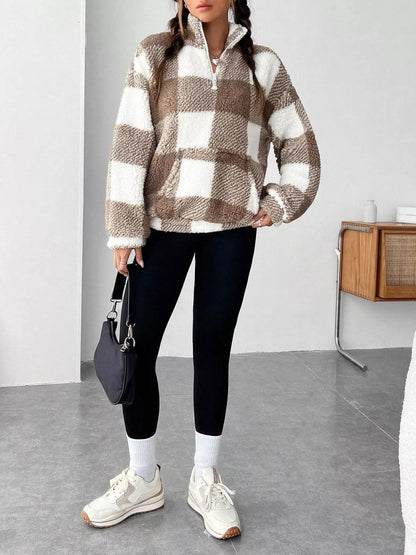 Full Size Plaid Sherpa Long Sleeve Sweatshirt Plus Size