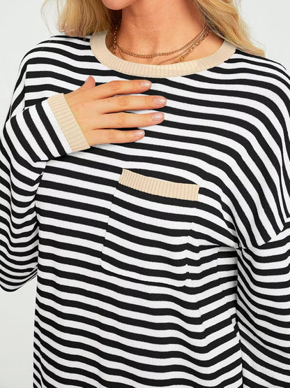 Striped Long Sleeve Sweater with Contrast Ribbed Trim Black Tan