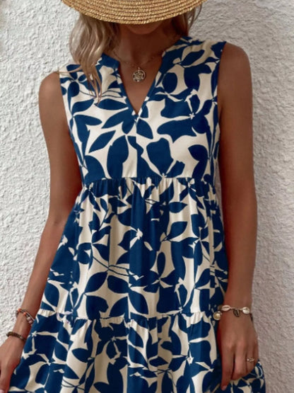 Full Size Printed Notched Sleeveless Mini Dress Plus Size