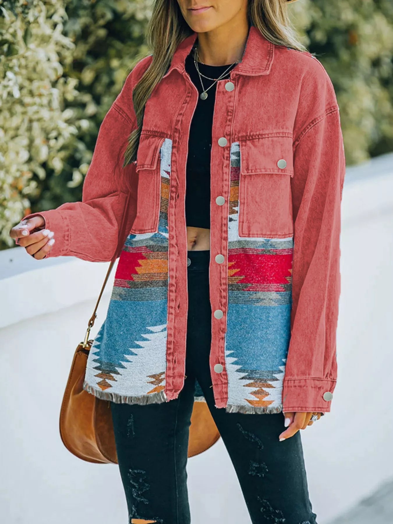 Aztec Print Button Up Jacket Strawberry
