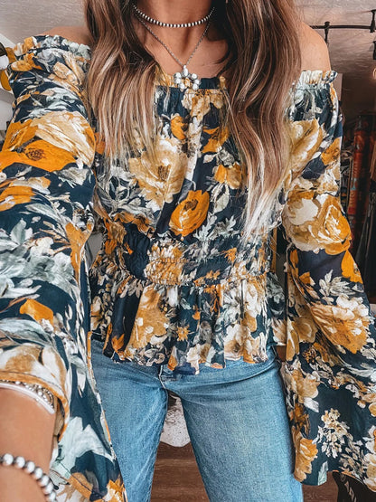 Floral Off Shoulder Bell Sleeve Smocked Peplum Top
